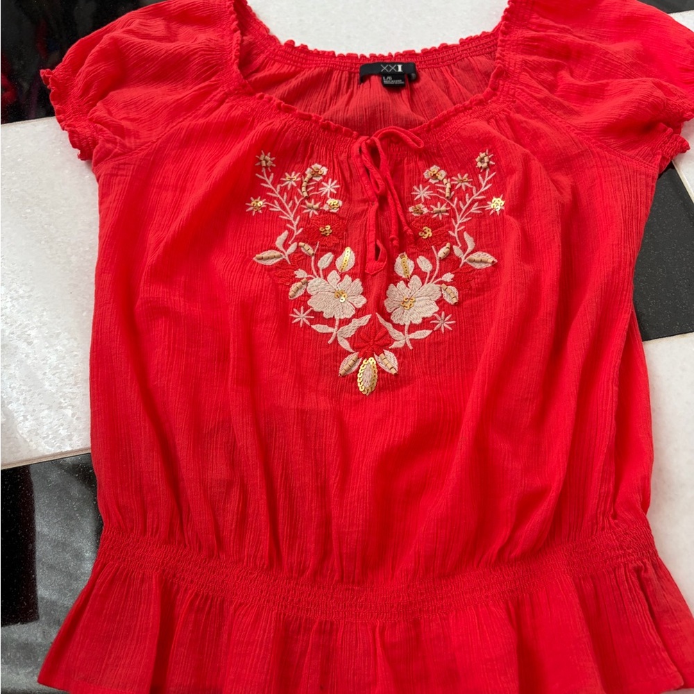 Red Floral Embroidered Women's Top